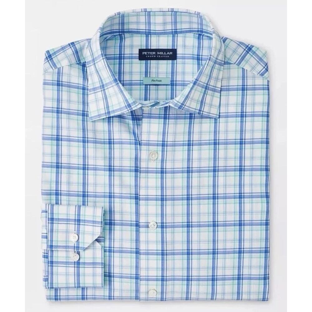 Peter Millar Savoy Performance Poplin Sport Shirt XL Marina Blue Plaid Button